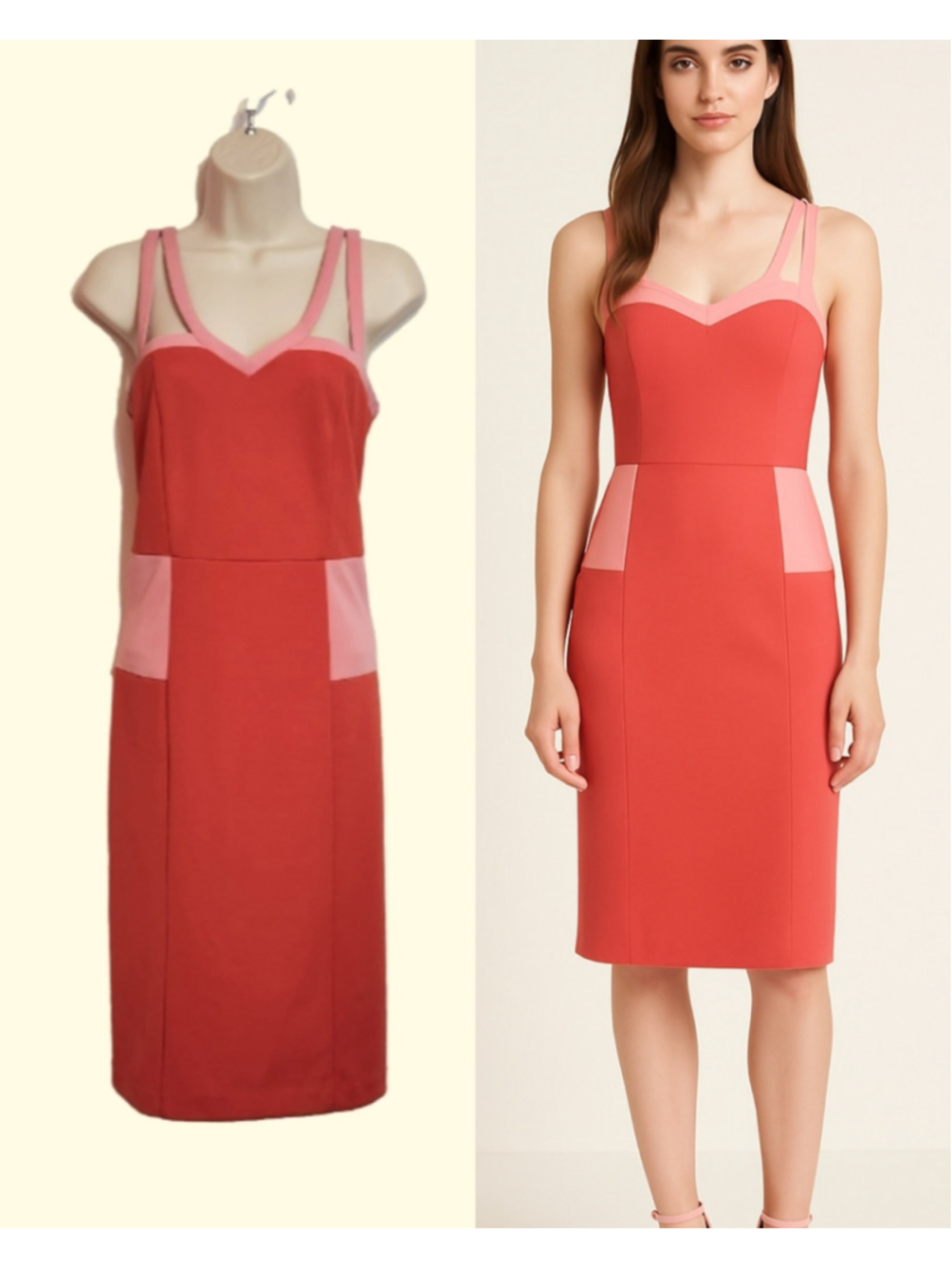 Vero Moda Textured Red/Pink Colorblock Strappy Fitted Sheath Midi Dress EU 40